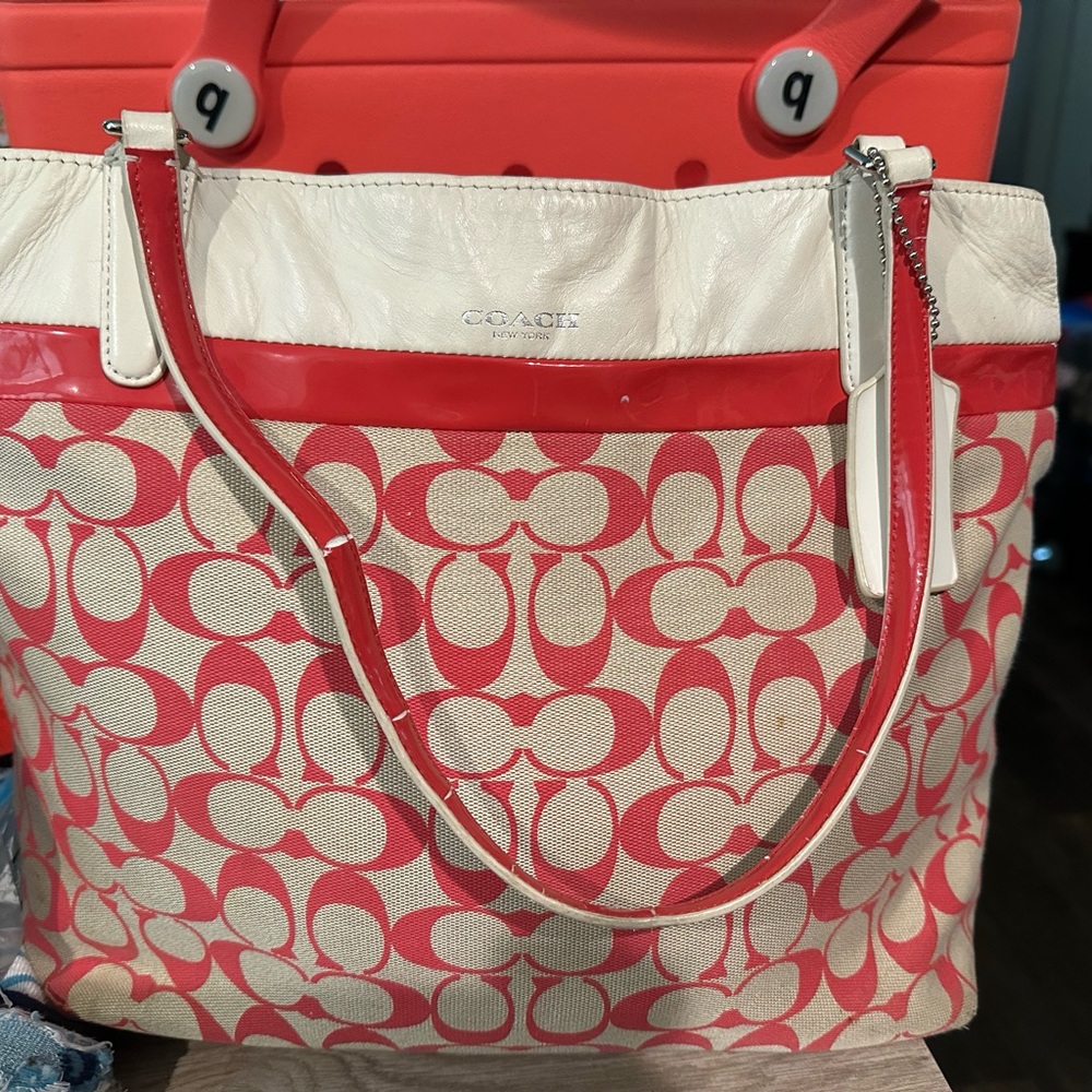Coach Red and Cream Signature Tote Bag
